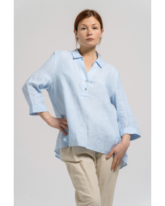 Blue Stripe Linen Open-Neck Blouse